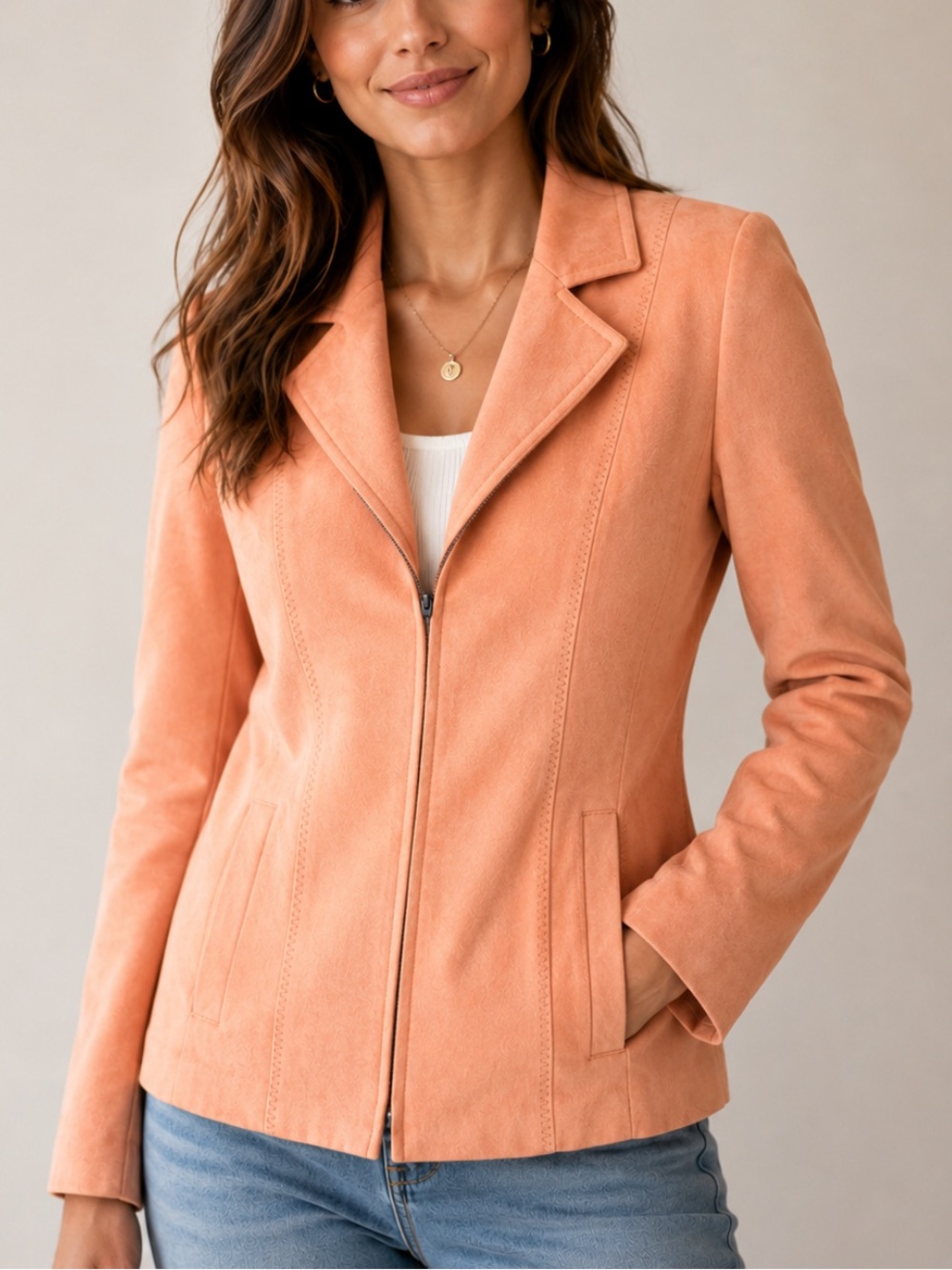 Vintage Faux Suede Jacket Womens 8 Conrad C Collection Peach Lined Zip Closure
